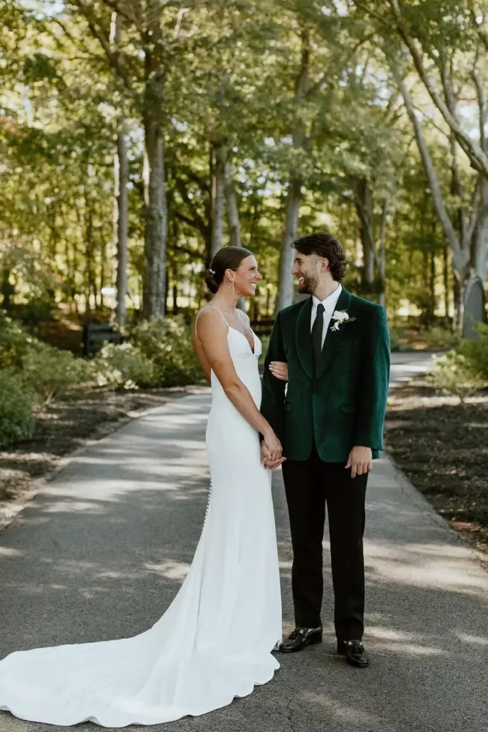 beautiful wedding couple on the sidewalk