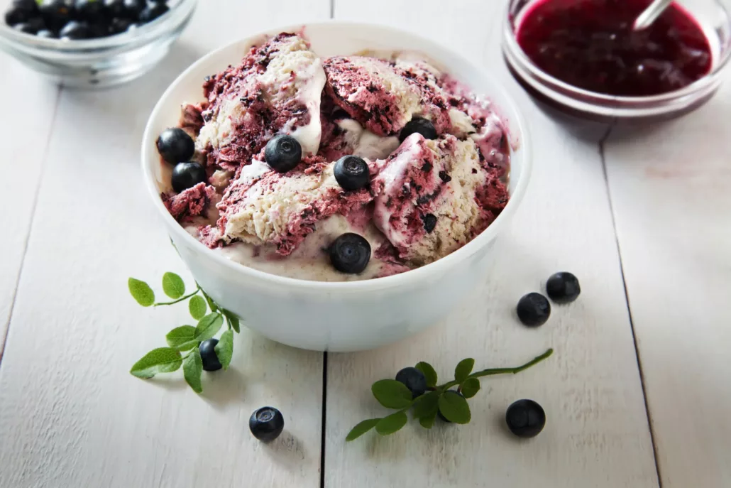 blueberry goat cheese ice cream in a bowl blueberry goat cheese ice cream in a bowl